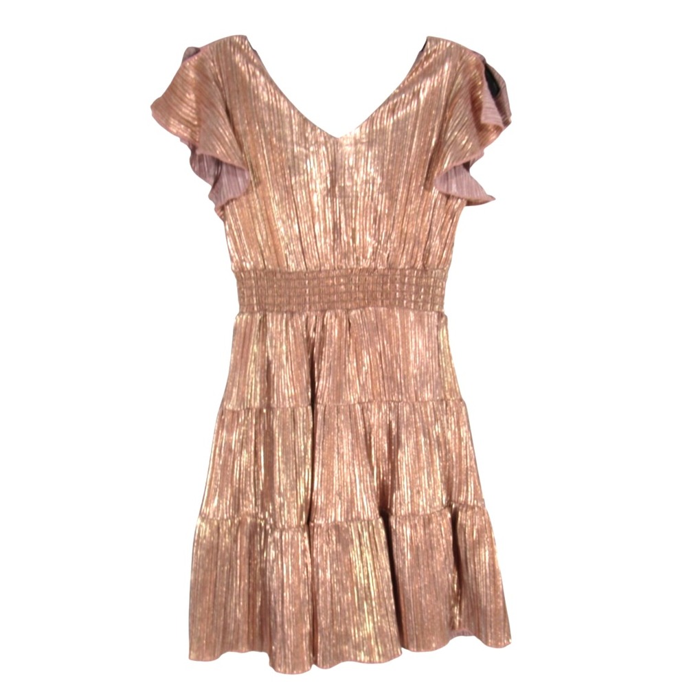 HONEY AND ROSIE Shiny ROSE GOLD Zip/Tie Back SMOCKED WAIST Girls TIERED DRESS 12
